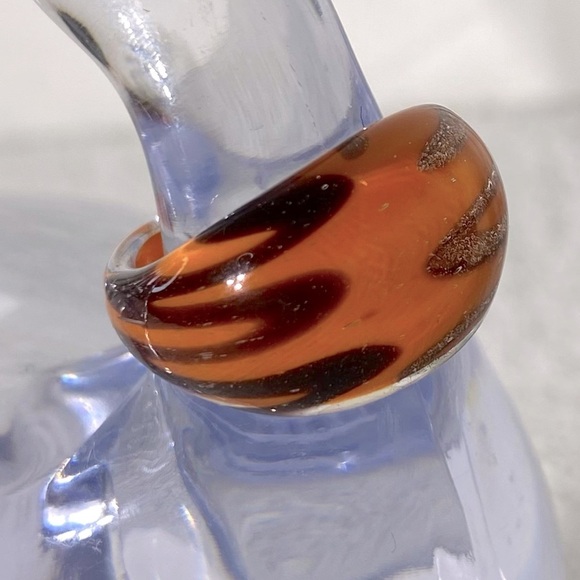 Vintage Art Glass Handmade Orange Burgundy & Gold Glitter Band Ring - Picture 6 of 11
